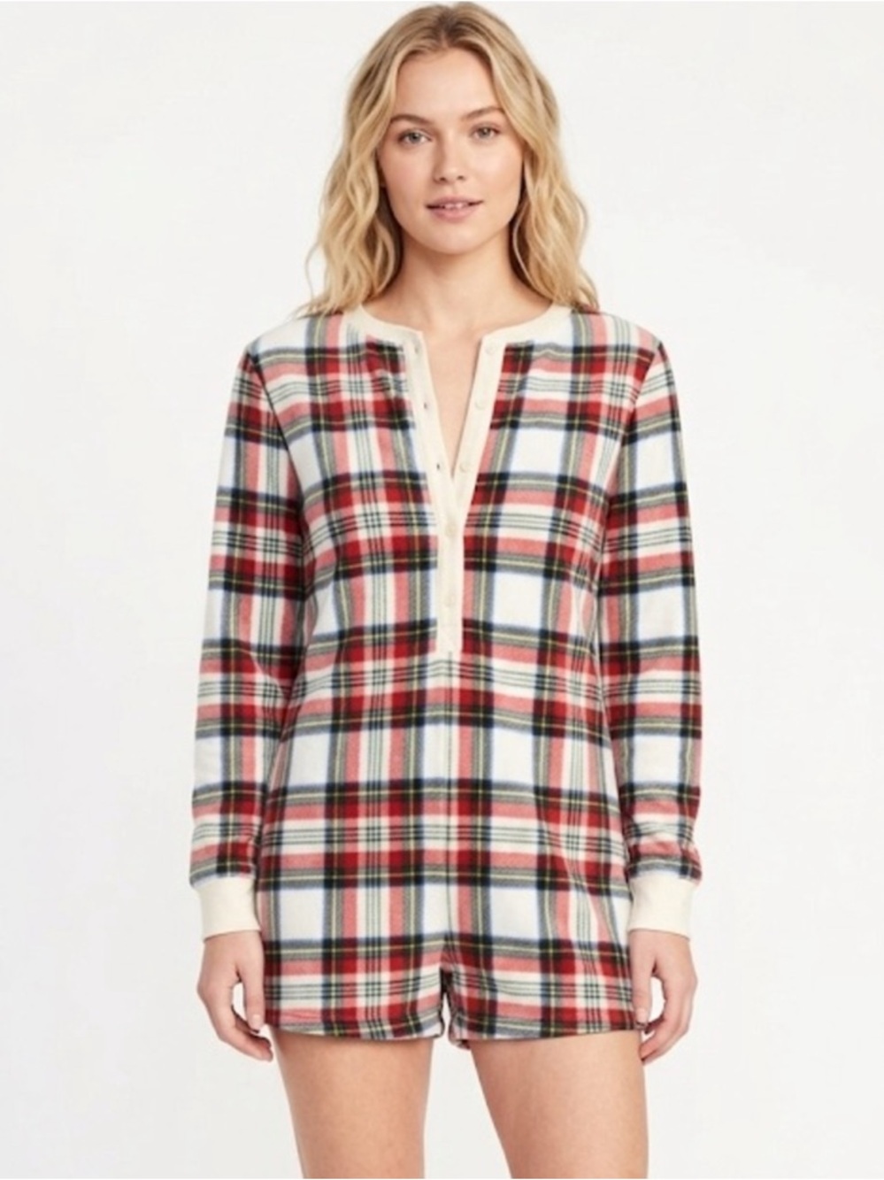 Fleece Plaid Long-Sleeve Henley Romper - Red Plaid